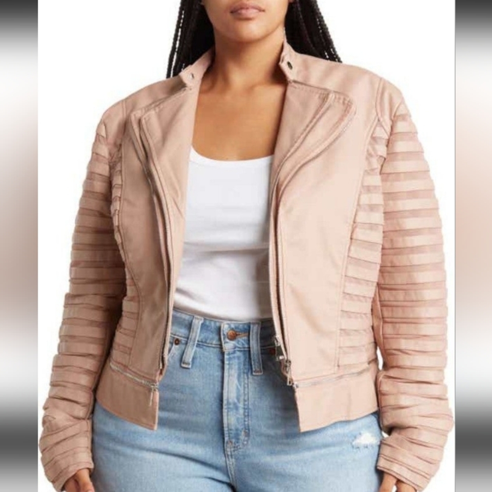 New Azalea Wang Pink Mesh Striped Moto Vegan Jacket 3x